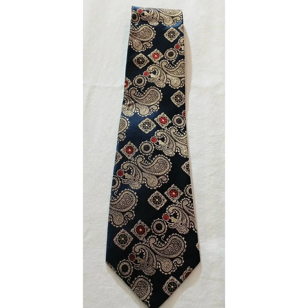 Shinsegae's Tie Mens Navy Gold Paisley 100% Silk‎ Necktie Formal Dress Wear